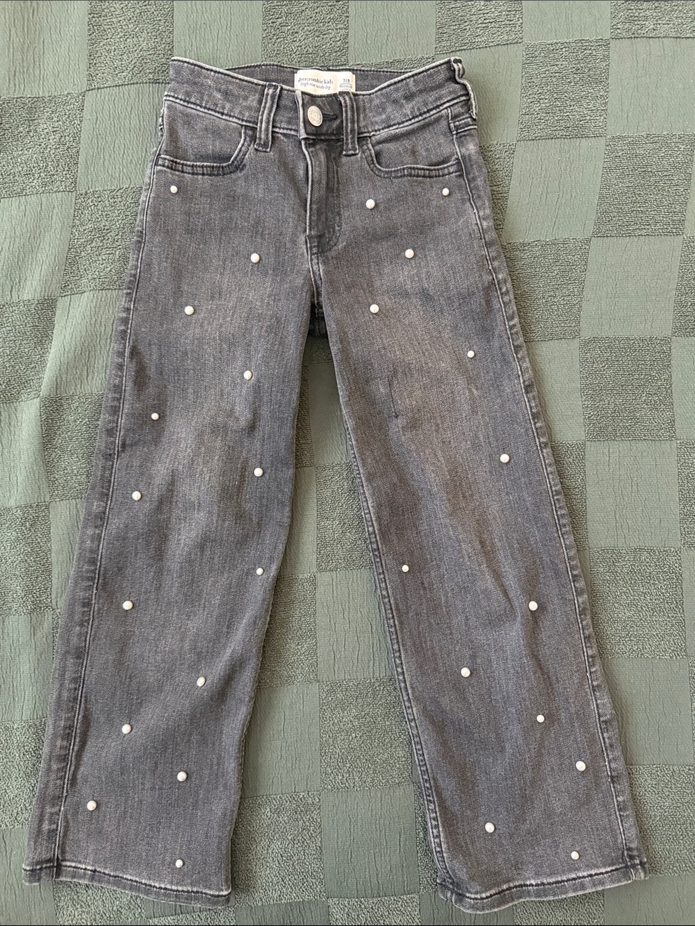 abercrombie kids gray pearl- studded high rise wide leg jeans